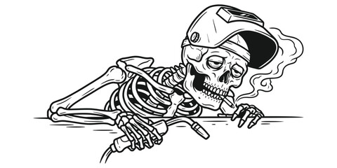 Skeleton Welder Taking a Smoke Break Line Art Illustration