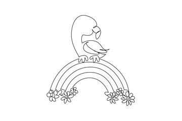 One line draw elegant and charming flamingo resting gracefully on top of rainbow arc with two fluffy soft clouds. nature concept for cute bird, ideal for nursery prints and International Flamingo Day © Simple Line