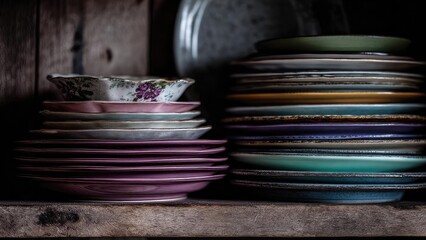 Stacks of vintage dishes on a wooden shelf: a floral bowl on pink plates left, and a tall, colorful, rust-streaked plate stack right. Concept Vintage dishware, Wooden shelf