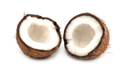 A broken coconut on a white background. Halves of coconut. Macro photo. High quality photo