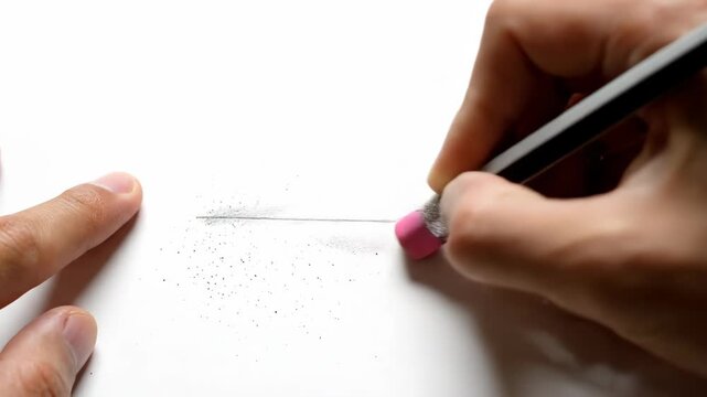 A close up shot shows a hand holding a pencil and erasing a mark on white paper The focus is on the action of correction and creation