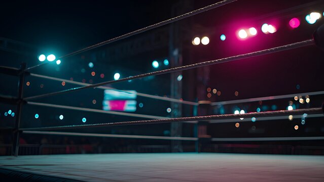 Empty, modern boxing ring illuminated with colorful LED spotlights background. Boxing ring arena, empty, modern boxing ring illuminated by dramatic spotlights.