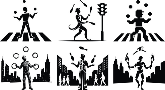 Street performer juggling objects at crosswalk in urban city, creative traffic entertainment scene with fire torches and clubs, modern artistic silhouette
