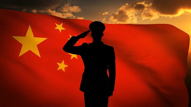 Chinese Soldier Saluting National Flag.