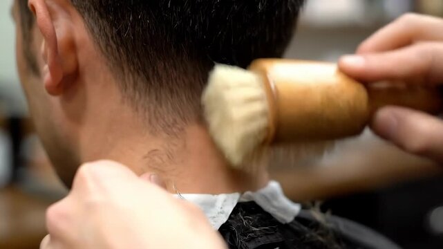 A barber skillfully removes stray hairs from a client s neck with a soft brush after a haircut creating a clean and polished finish