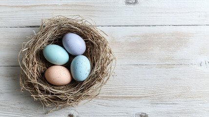 Minimalist Easter Nest With Five Pastel Colored Eggs On Light Wooden Background Soft Natural Light Scandinavian Style