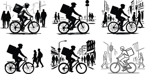 Urban bicycle courier silhouettes delivering packages in busy city streets, surrounded by pedestrians and buildings, modern food delivery and logistics concept