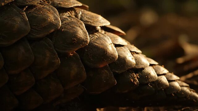 A close up shot focuses on the scaled texture of an animal s back likely a pangolin in its natural forest habitat The lighting highlights the intricate details of its