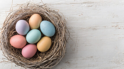 Minimalist Easter Nest With Five Pastel Colored Eggs On Light Wooden Background Soft Natural Light Scandinavian Style