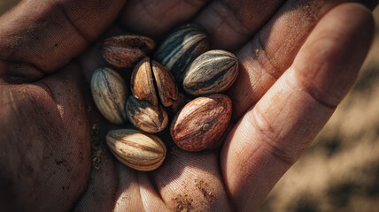 Macro Close Up Of Raw Cacao Cocoa Beans On Burlap Fabric Natural Texture Organic Product Sustainable Agriculture
