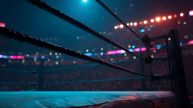 Empty, modern boxing ring illuminated with colorful LED spotlights background. Boxing ring arena, empty, modern boxing ring illuminated by dramatic spotlights.
