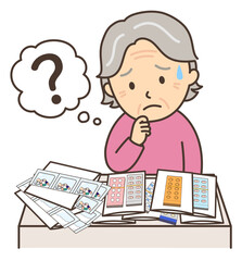 たくさんの薬を見て困った様子のおばあさん