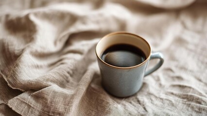 A blue-gray ceramic mug filled with black coffee sits on beige wrinkled fabric. Concept Blue-gray ceramic mug, Black coffee, Beige wrinkled fabric, Minimalist still life, Studio photography