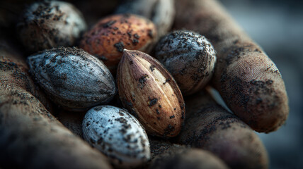 Macro Close Up Of Raw Cacao Cocoa Beans On Burlap Fabric Natural Texture Organic Product Sustainable Agriculture