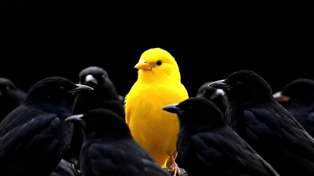 Vivid bright yellow canary standing prominently amidst a flock of dark black birds symbolizing individuality and standing out in a crowd.