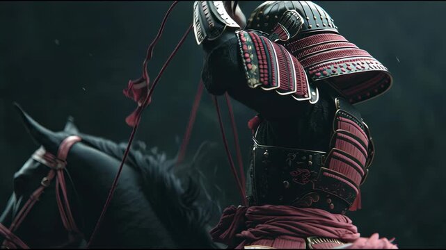 Cinematic Shot of Samurai Warrior on Horseback Drawing Sword in Slow Motion, Epic Battle Preparation, Dramatic Lighting