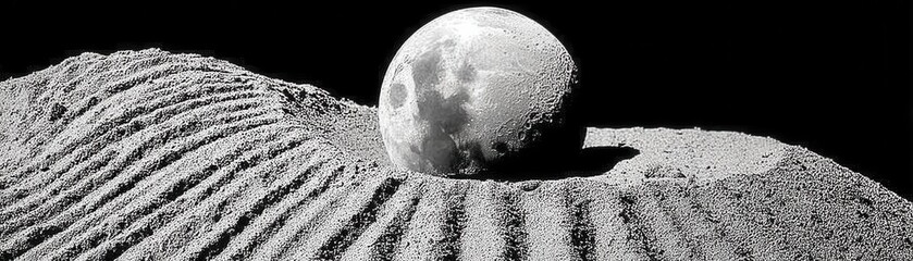 A textured surface with a moon partially emerging from a mound, set against a dark background, creating a surreal lunar landscape.