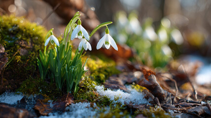Macro Close Up Of White Snowdrop Flowers Growing Among Autumn Leaves And Moss With Soft Bokeh Background