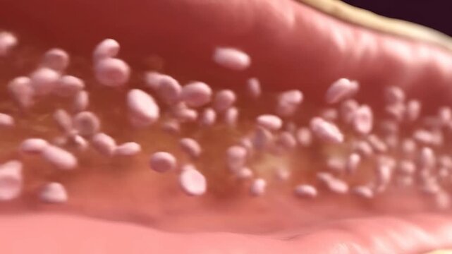 Detailed animation showing red blood cells moving through a capillary. Illustrates microcirculation and cellular movement.