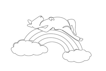 Fototapeta premium One line drawing of dromedary whimsical camel appearing light and gentle while sleeping in a supine position peacefully on a rainbow arc. Nature concept art desert theme for World Camel Day