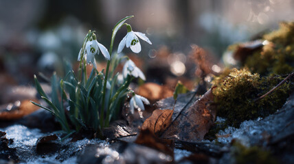 Macro Close Up Of White Snowdrop Flowers Growing Among Autumn Leaves And Moss With Soft Bokeh Background