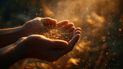 Mystical Hands Holding Golden Grains With Magical Glowing Particles And Sparks In Warm Atmospheric Fantasy Light
