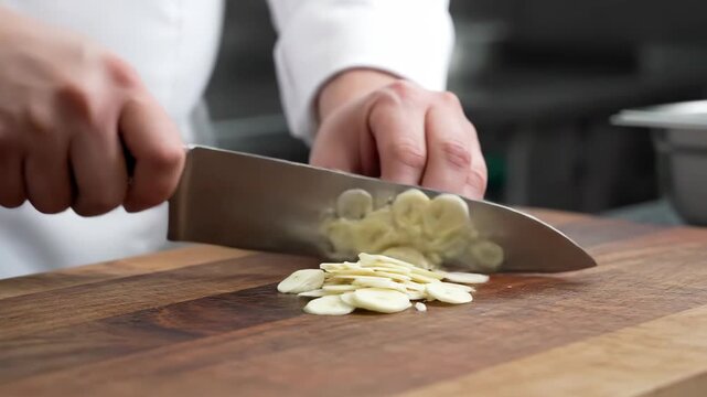 A chef expertly slices garlic on a wooden cutting board preparing ingredients for a culinary creation The clean sharp knife glints under the kitchen lights