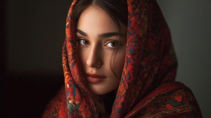 Close-up portrait of a young woman with a vibrant red patterned scarf wrapped around her head, gazing softly to the side. Concept Close-up portrait, Red patterned scarf, Gaze to the side