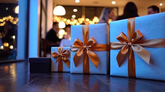 A row of elegantly wrapped gift boxes with shiny golden bows ready for a special celebration, with warm bokeh lights in the background