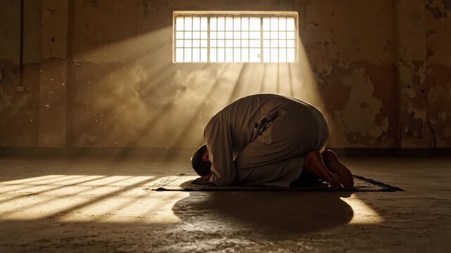 A devoted individual engages in a moment of profound spiritual prayer, bathed in the ethereal glow of sunbeams filtering through a barred window, symbolizing hope and solace in quiet contemplation