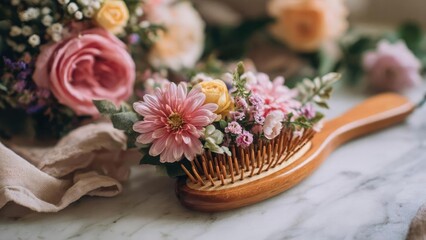 Naklejka premium A wooden hair comb decorated with pink and yellow flowers. Concept Floral wooden hair comb, Pink and yellow flowers, Boho hair accessory, Natural wood accents, Delicate handmade craft