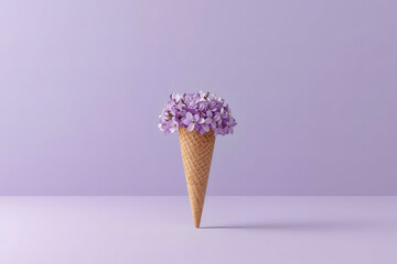 Minimalistic studio photo. Waffle cone ice cream. Filled with delicate flowers resembling lilacs with multi-layered petals of soft lilac and blue shades on a purple background.
