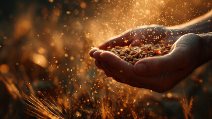 Mystical Hands Holding Golden Grains With Magical Glowing Particles And Sparks In Warm Atmospheric Fantasy Light