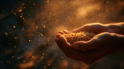 Mystical Hands Holding Golden Grains With Magical Glowing Particles And Sparks In Warm Atmospheric Fantasy Light