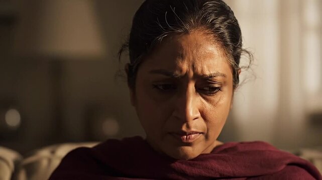 Close-up of an Indian woman's face showing concern and deep thought, possibly during a difficult conversation or moment of reflection