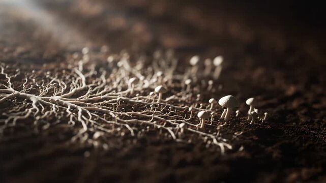 Detailed close-up of a vibrant mycelium network expanding and mushrooms sprouting from fertile soil
