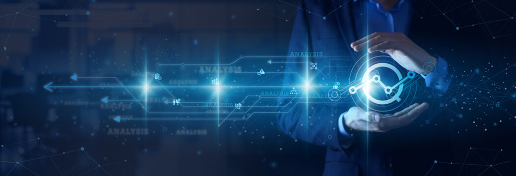 Business Intelligence Analyst hands holding report Analysis data interpretation insights visualization modeling network connections metrics KPIs decision making reporting. - Powered by Adobe