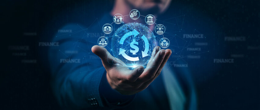 Financial Controller hands holding ledger Finance accounting reporting budgeting forecasting network connections financial statements compliance internal control audit.