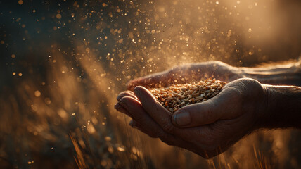 Poetic Hand Releasing Golden Seeds In Sunset Light Over Blurred Wheat Field With Atmospheric Particles And Bokeh