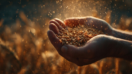 Dramatic Hands Pouring Golden Wheat Grains In Sunlight With Dust Particles And Atmospheric Backlight Harvest Scene