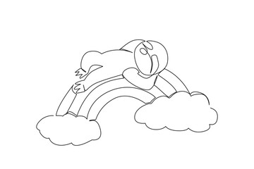Obraz premium Continuous line drawing of unique slow sloth sleeping on its back on rainbow, cuddly vibe with relaxed limbs. Minimal outline for tropical jungle themes, kids decor, and calming bedtime visuals