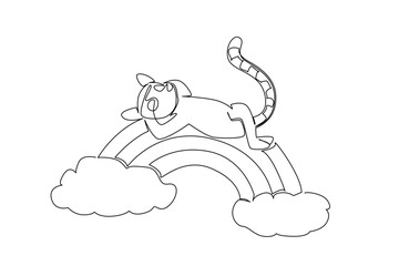 Single line drawing of cute playful lemur sleeping supine on a rainbow with cloud, long striped tail curled. Adorable primate artwork for zoo poster, Madagascar animal set, and kids stationery © Simple Line
