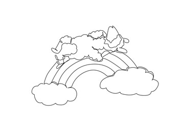 Obraz premium Single line drawing of cute lovable alpaca in serene supine sleep, resting gently on minimalist rainbow. Perfect for unique nature concept of children decor, room wall decor art, and kids stationery