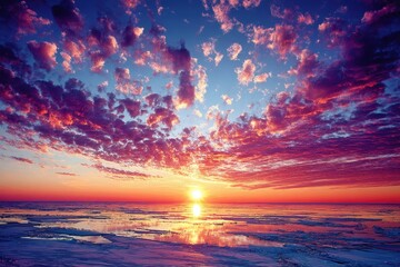 A stunning sunset over icy waters, with vibrant clouds reflecting colorful hues in the sky, creating a serene and picturesque landscape.