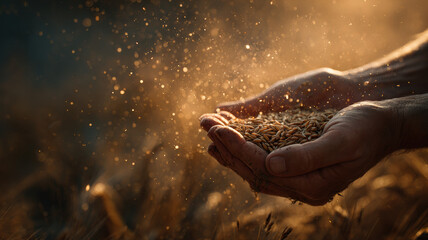 Dramatic Hands Pouring Golden Wheat Grains In Sunlight With Dust Particles And Atmospheric Backlight Harvest Scene