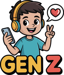 Gen Z vector cartoon with headphones, smartphone, peace sign, heart bubble, and bold colorful text design.