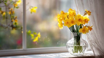 Spring Daffodils In White Ceramic Pitcher On Window Sill With Soft Natural Light And Blurred Blooming Trees
