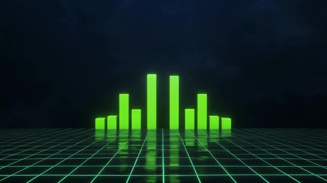 Neon green bar graph rising and falling on a reflective grid floor with dark smoky background