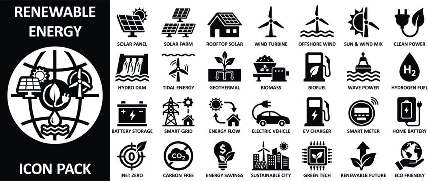 Renewable energy icons set featuring solar farm hydro dam tidal energy and hydrogen fuel pictograms for clean power generation and sustainable green technology infrastructure