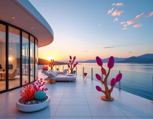 Obraz premium Futuristic Lakeside Terrace Sunset with Vibrant Sculptures